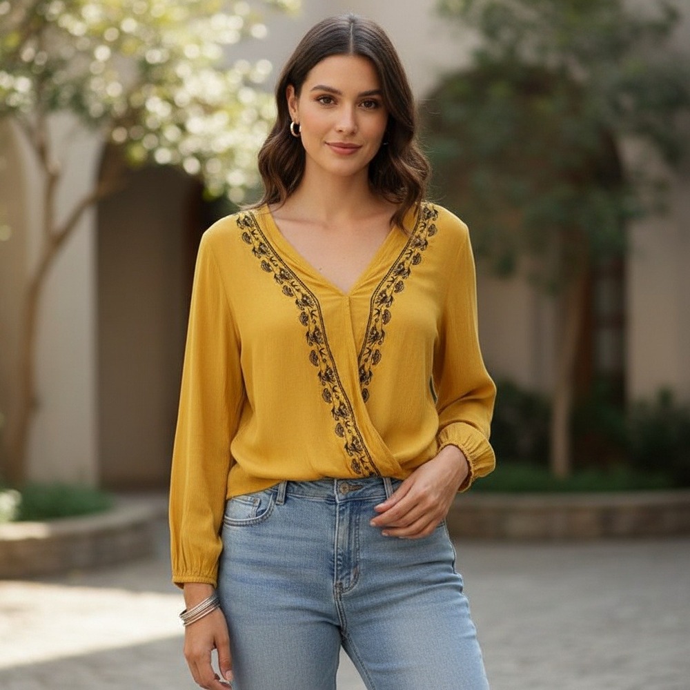 NWT Sacred Threads Mustard Yellow Embroidered Wrap Top‎ OS Boho Long Sleeve